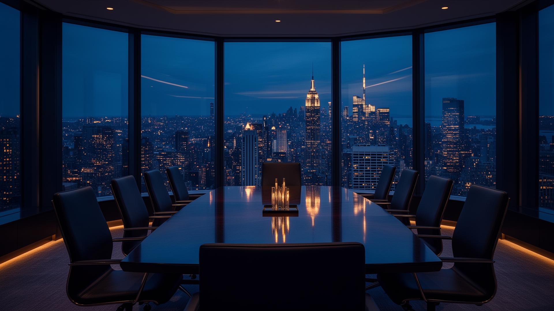 Executive boardroom overlooking a global city skyline at dusk